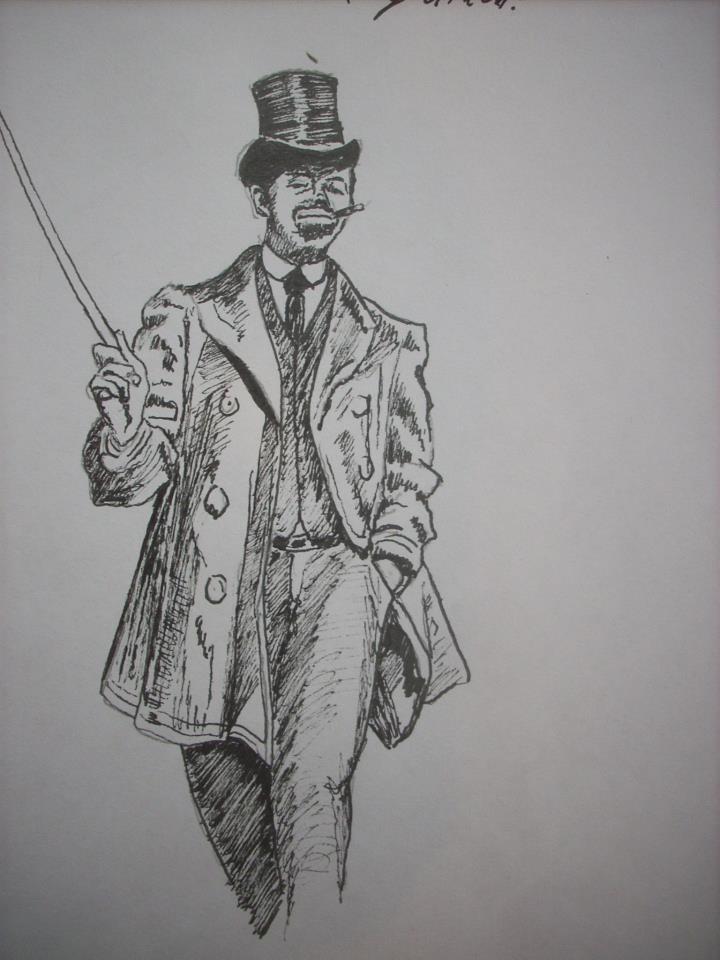 Retrato a Rotring de un caballero con sombrero de copa y bastón, estilo victoriano con trazos expresivos.