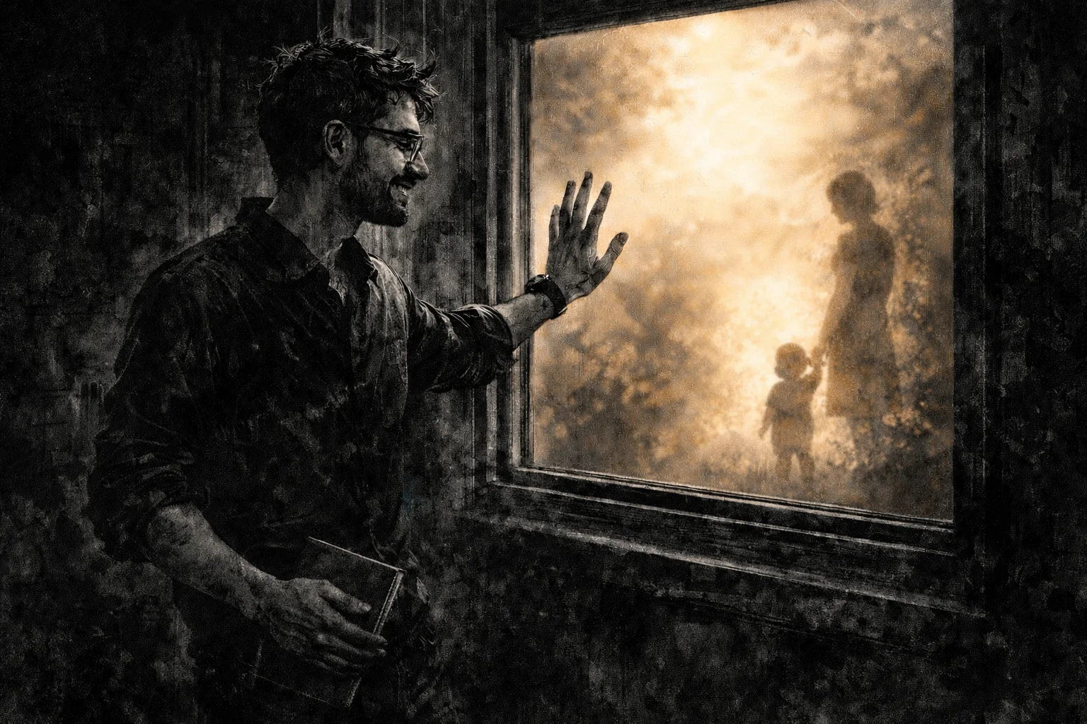 Hombre mirando por una ventana hacia una escena familiar nostálgica en tono sepia, representando el origen y el legado.